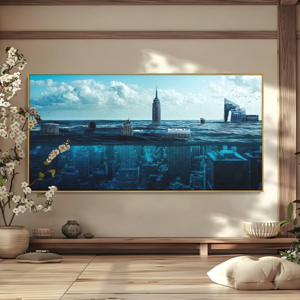 Tablou canvas cu ilustratie digitala cu oras scufundat in ocean, in rama de aluminiu auriu